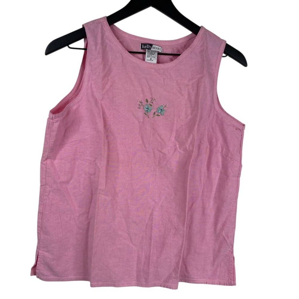 Kelly Scott Top Women's Pink Sz S Sleeveless Embroidered Flower Cottage Core